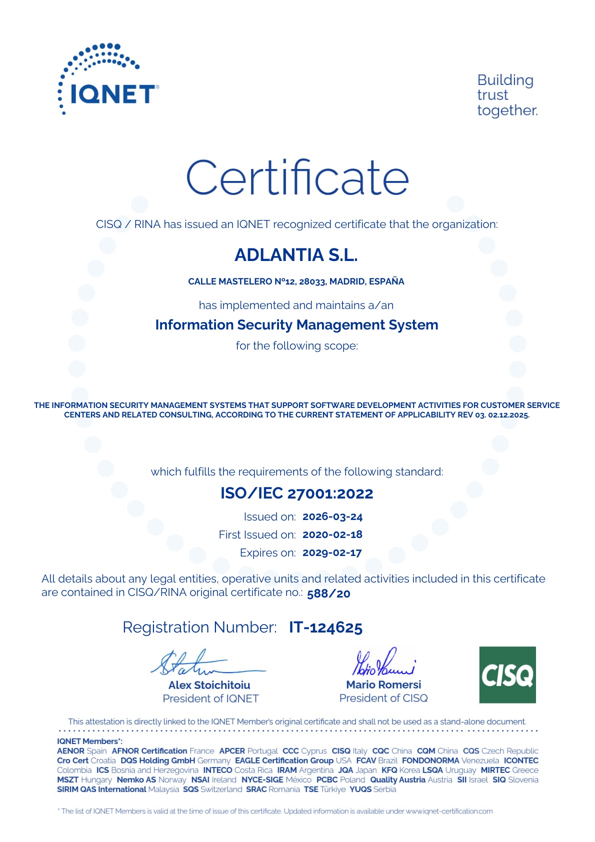 Certificado ISO 27001 IQNET