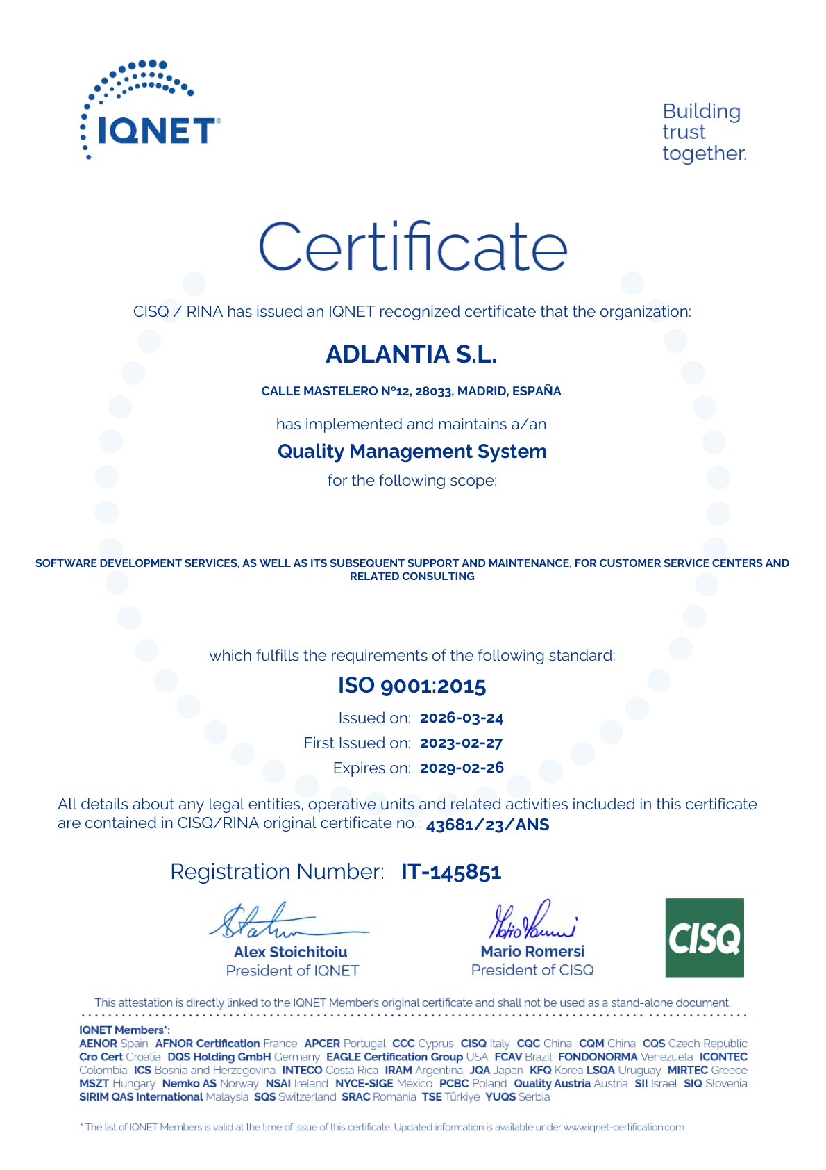Certificado ISO 9001 IQNET